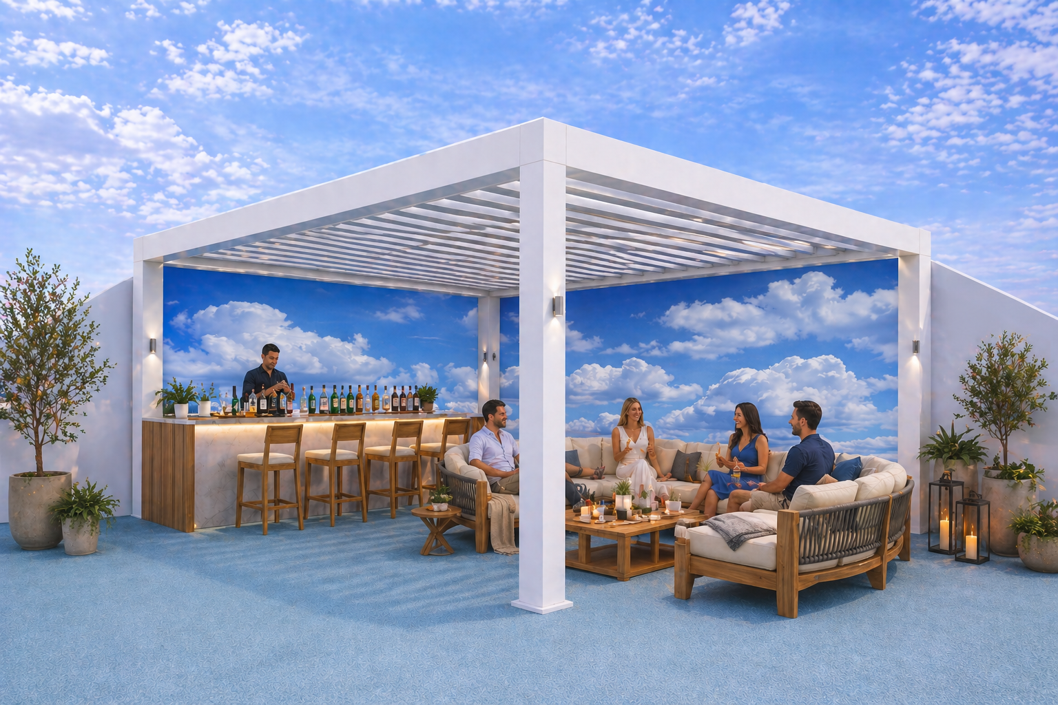 Miami Green rooftop pergola lounge with seating and social gathering